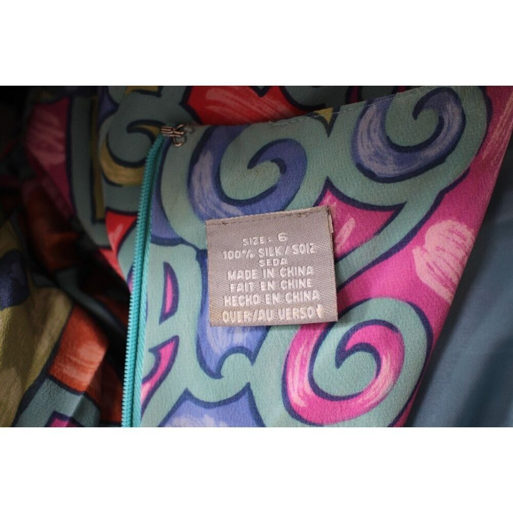 Vintage 80s Liz Claiborne Dress Size 6 Colorful Print Silk Drop Waist Pleat Hem - Picture 6 of 6